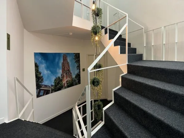 Moderne trappenhal met een foto van de Domtoren aan de muur en hangende plantenverlichting.