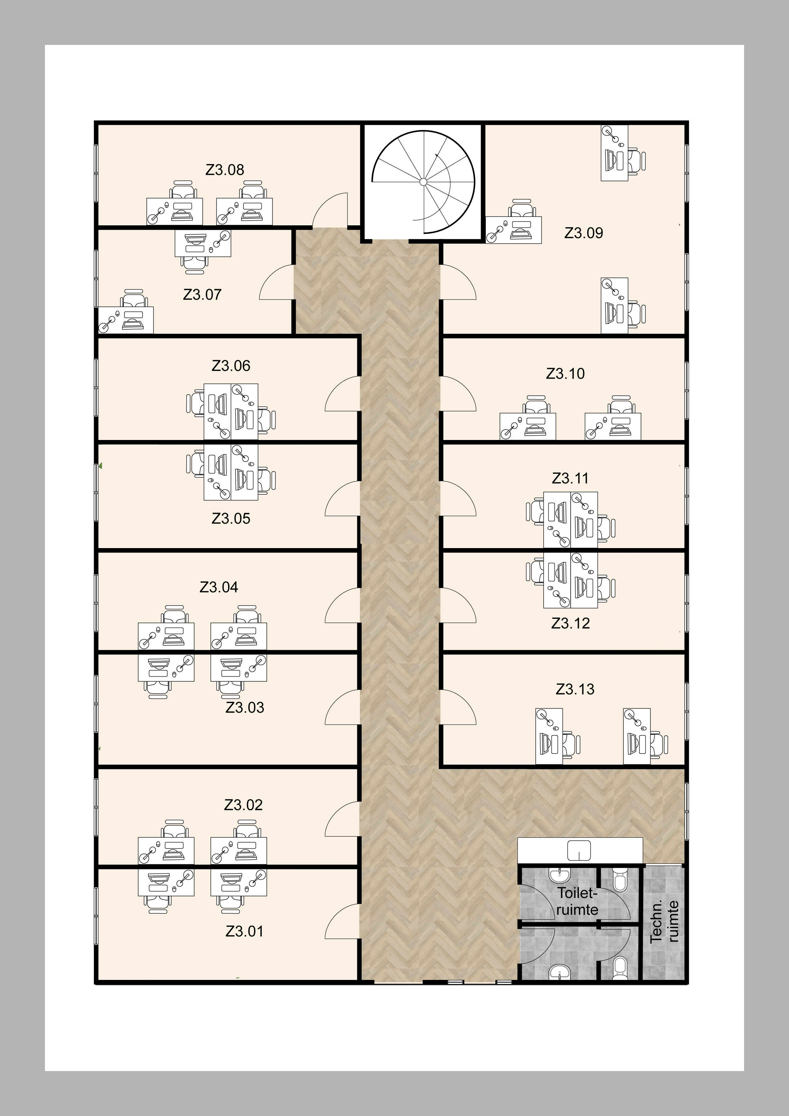 Plattegrond van een kantoorverdieping met dertien werkruimtes, een toiletruimte en een technische ruimte.