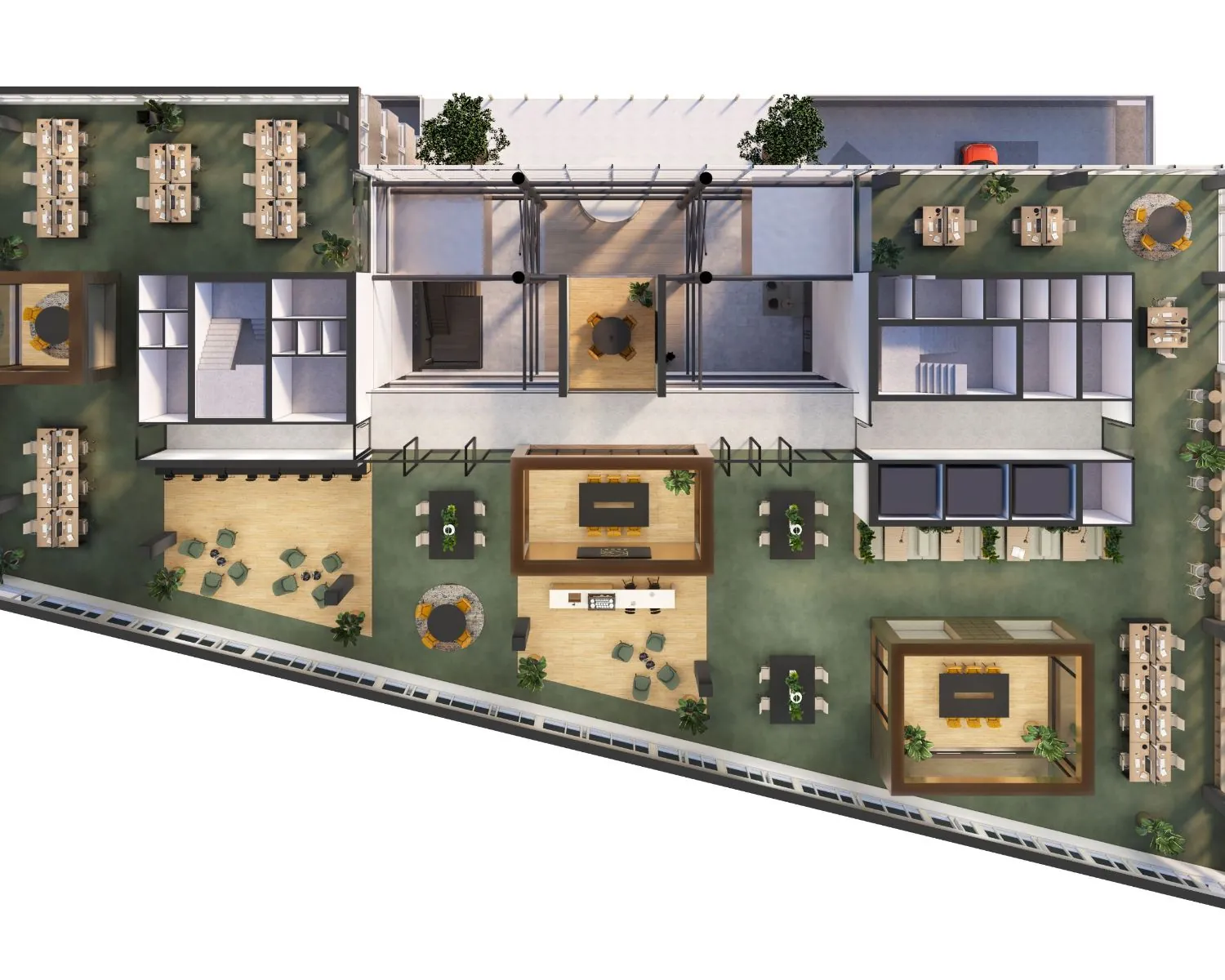 Plattegrond van een moderne kantoorruimte aan de Herikerbergweg 288-290 in Amsterdam met open werkplekken, vergaderruimtes en loungeruimtes.