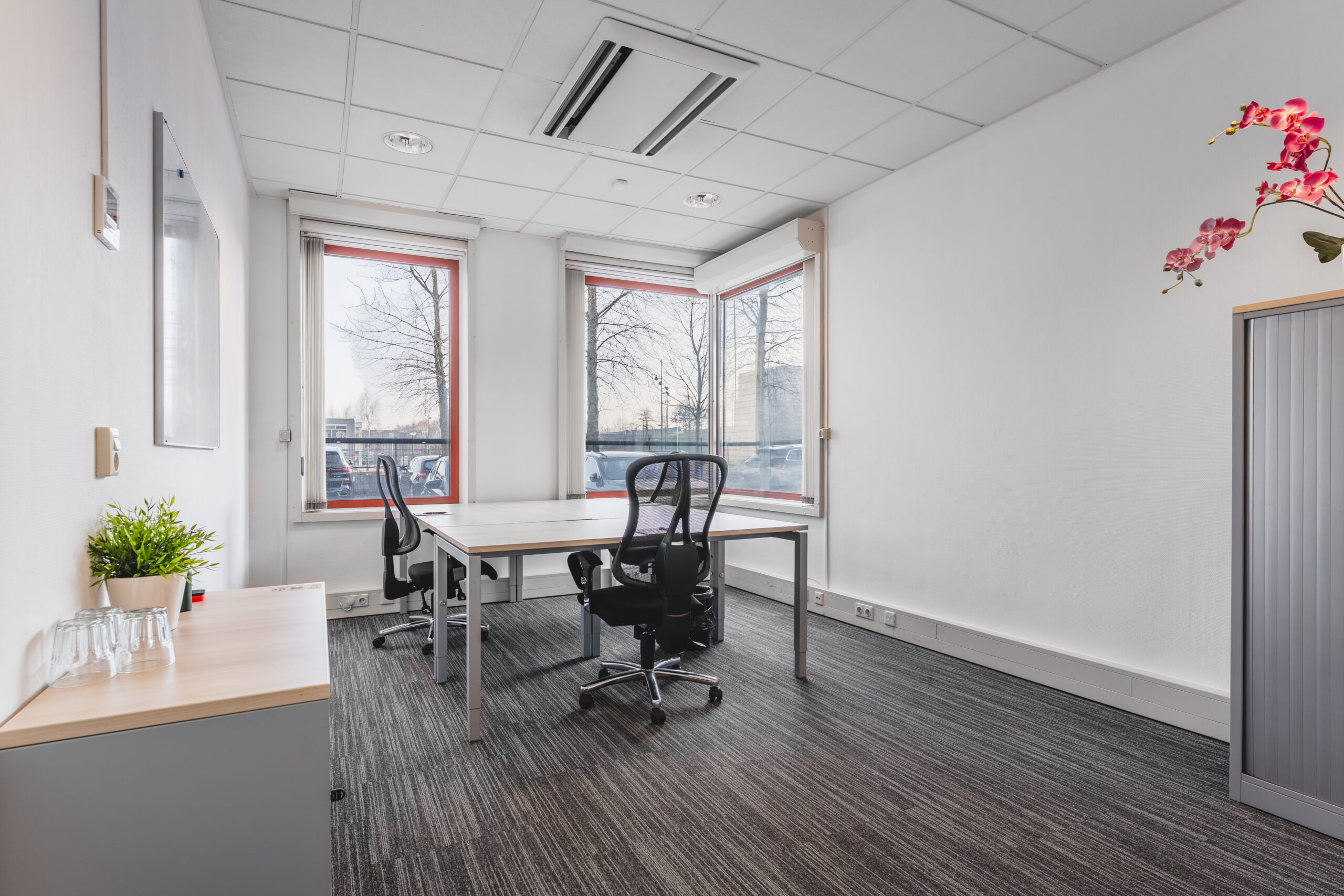 Een moderne kantoorruimte met twee bureaus, bureaustoelen, planten en grote ramen met uitzicht naar buiten.