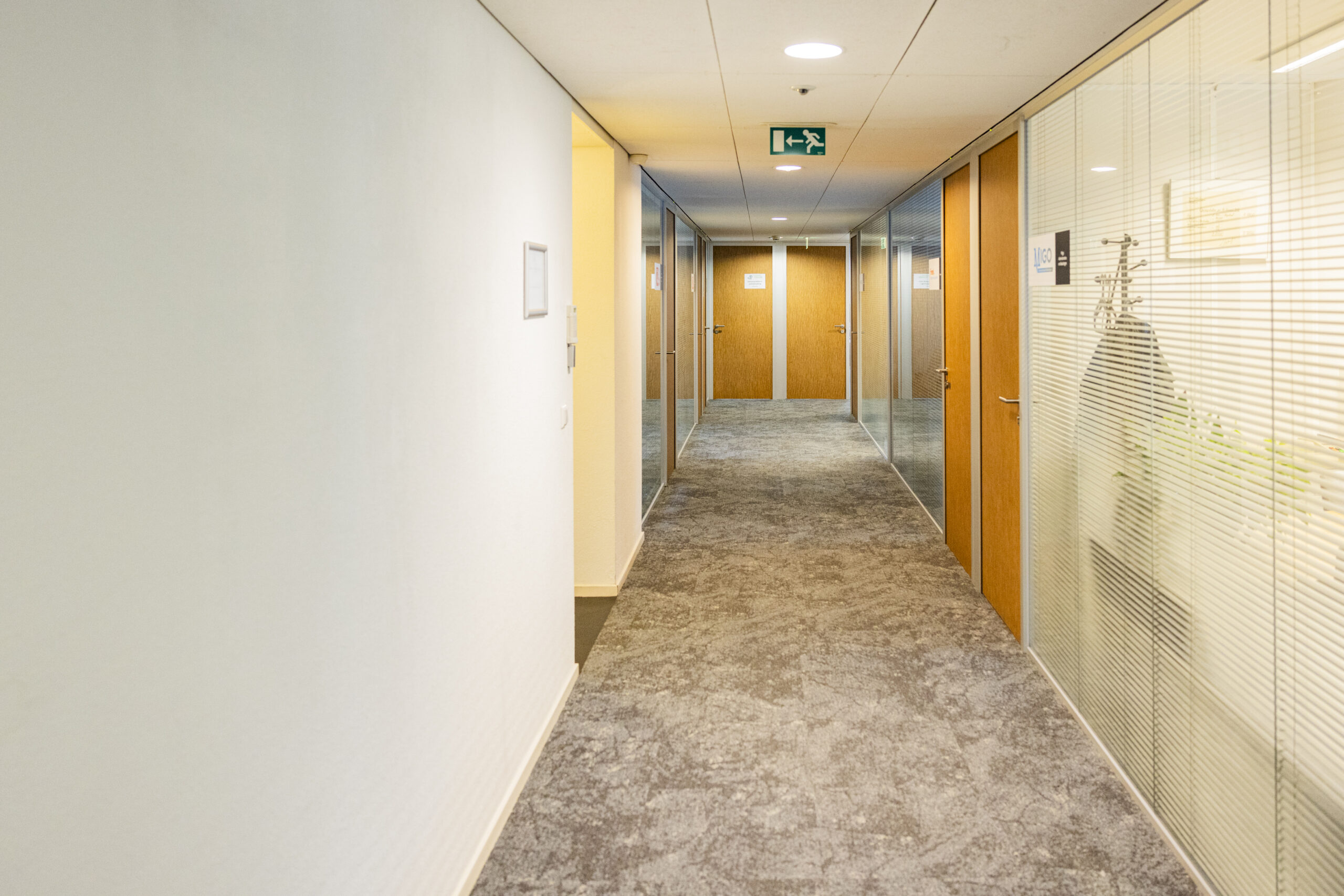 Een licht verlichte kantoorgang op de 13e etage van 3ELE Utrecht Vleuterweide, met glazen panelen en houten deuren.
