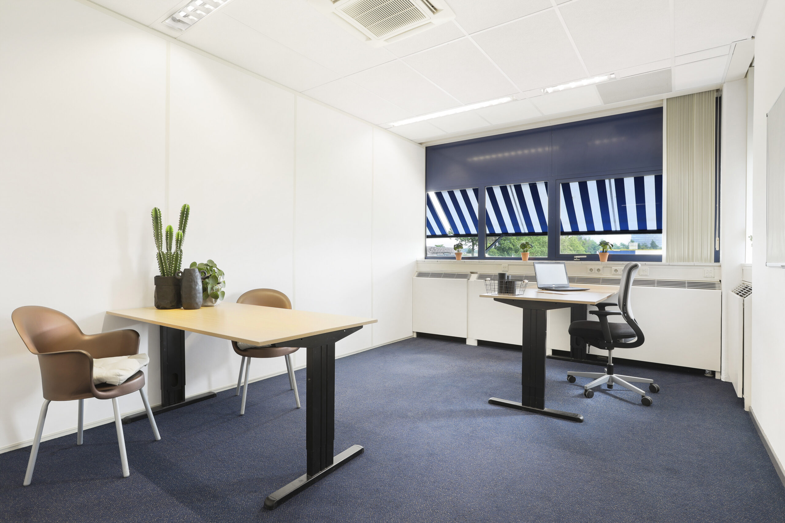 Een modern ingerichte kantoorruimte met bureaus, stoelen en planten bij Element Offices Almere.