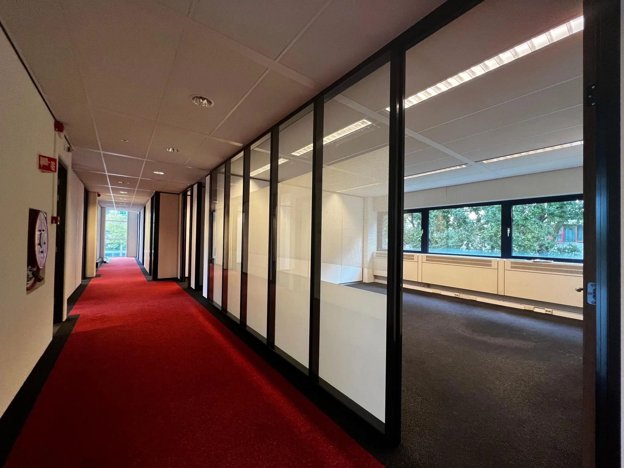 Gang met rood tapijt en glazen wanden die uitkijken op een leeg kantoor aan de Vreeswijksestraatweg.