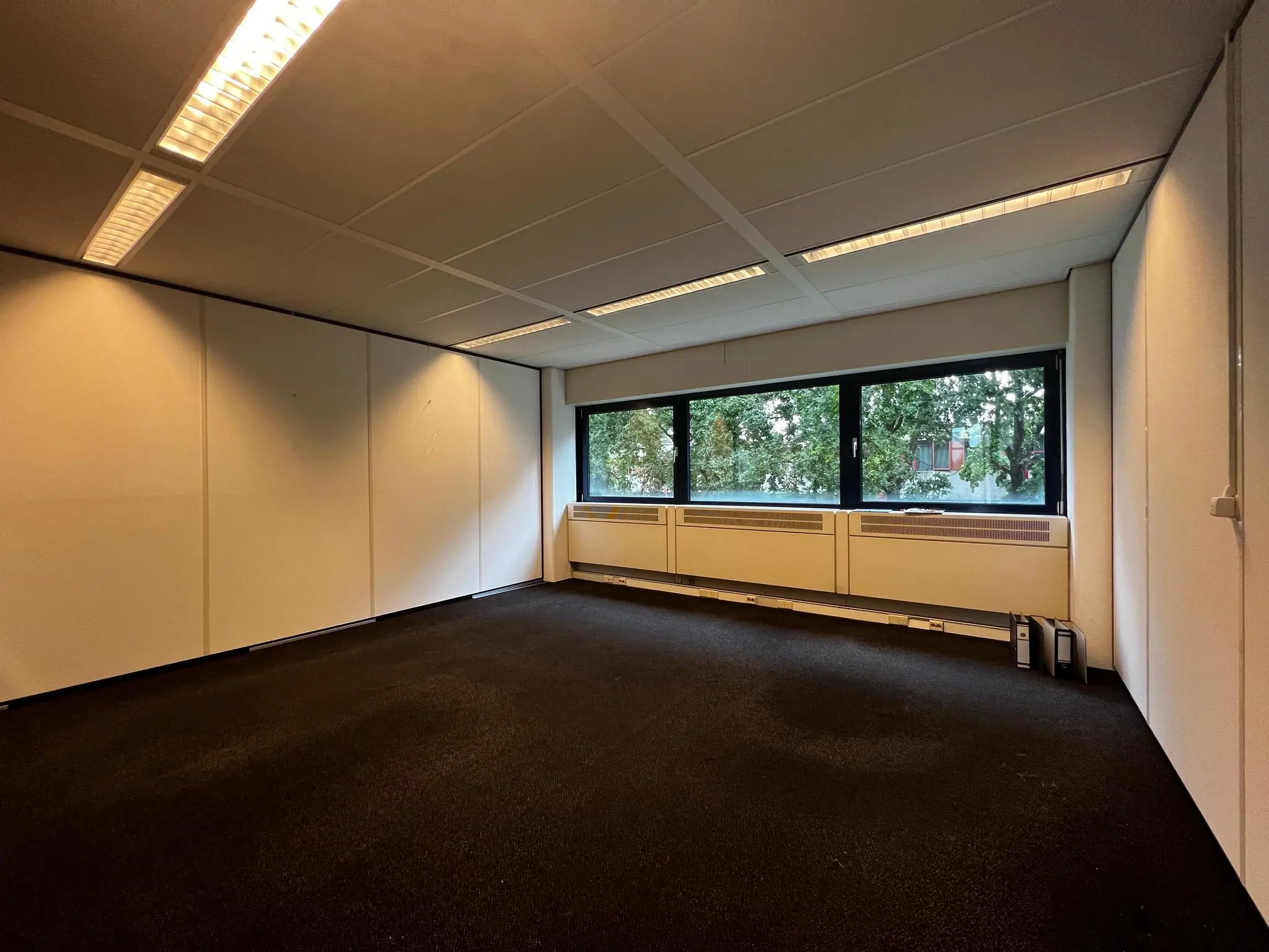 Leeg kantoorpand aan de Vreeswijksestraatweg met zwarte vloerbedekking, witte wanden en grote ramen met uitzicht op bomen.