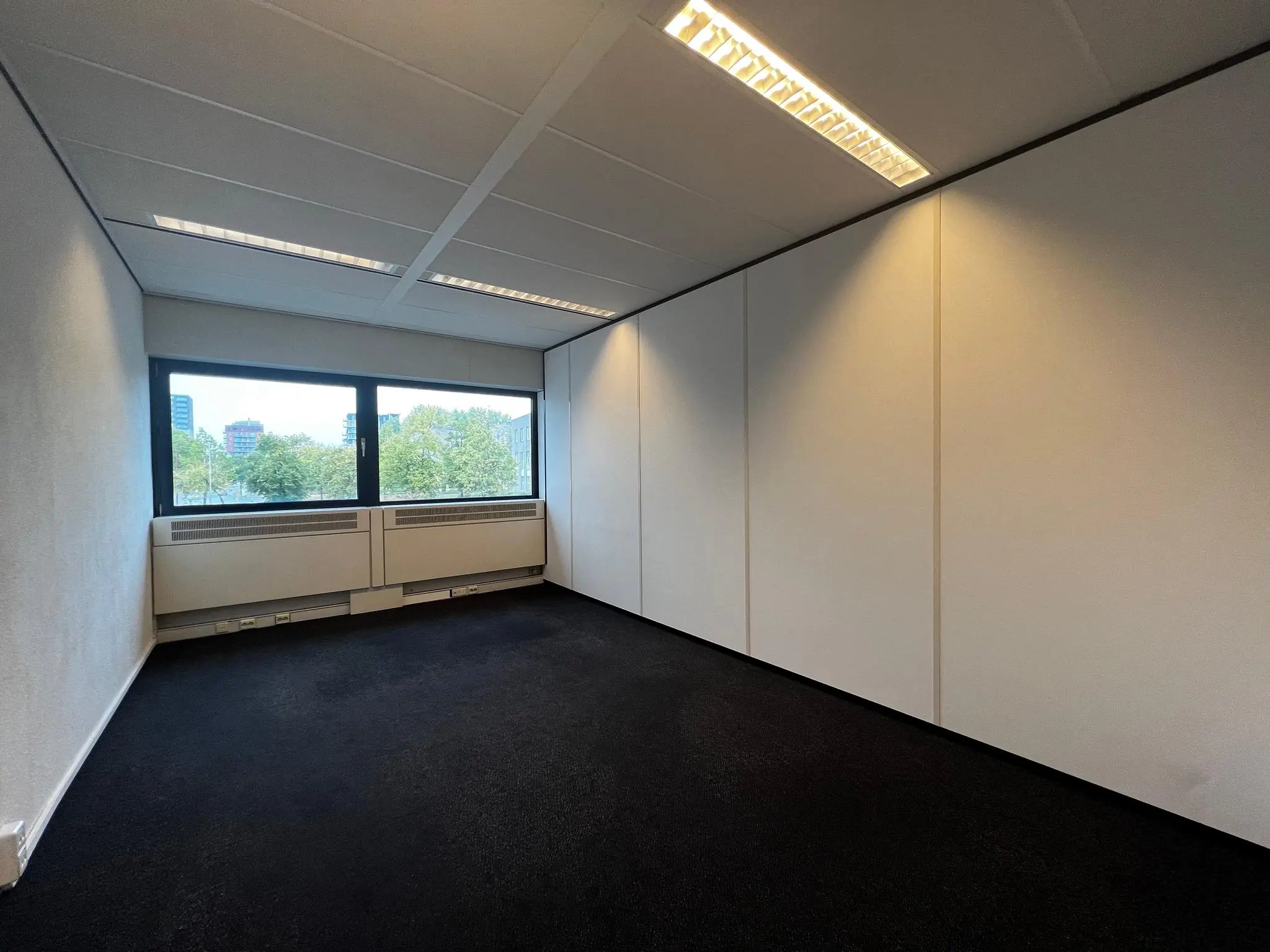 Lege kantoorruimte aan de Vreeswijksestraatweg met witgelakte wanden, zwart tapijt en groot raam met uitzicht op bomen en gebouwen.