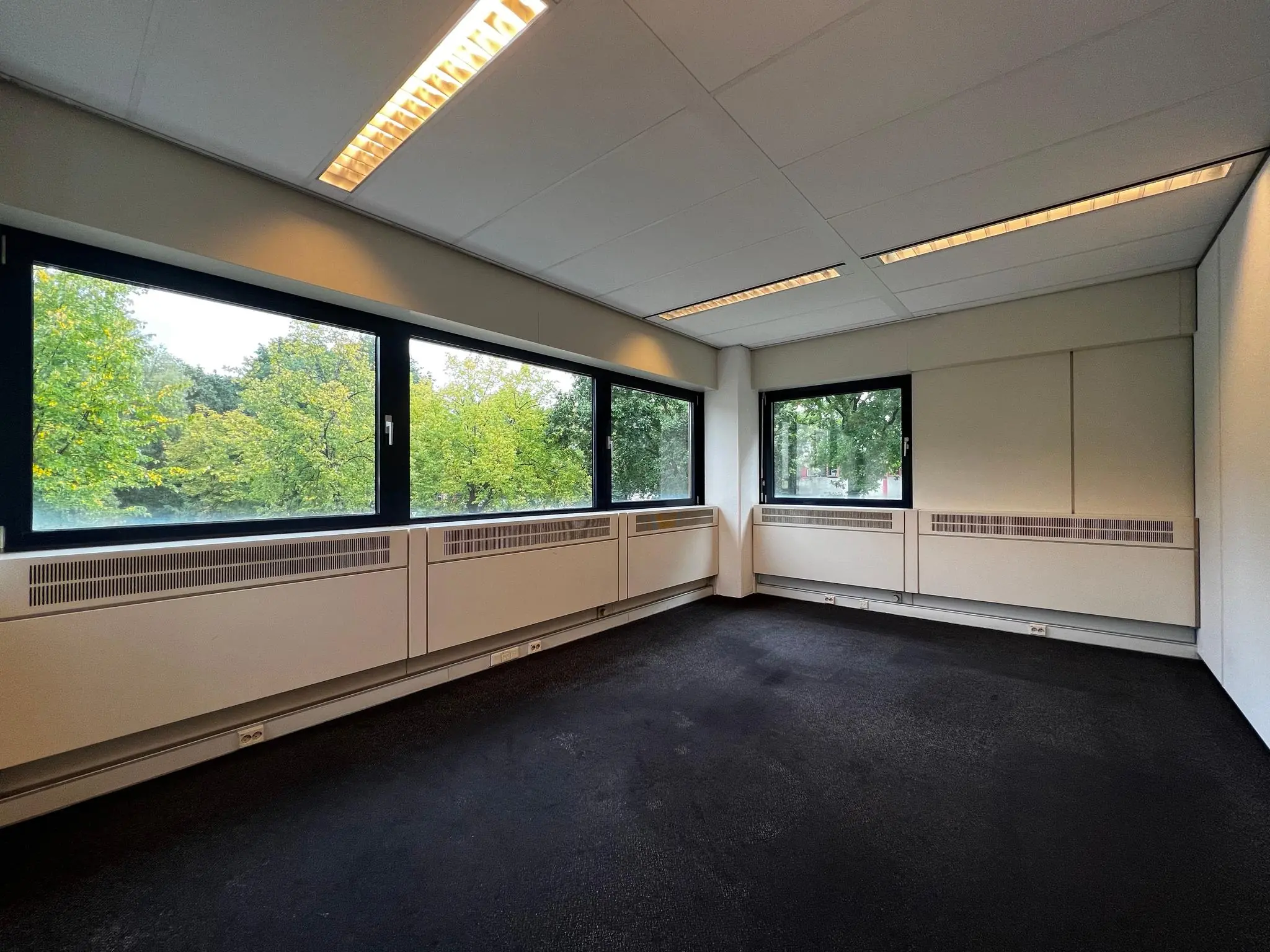 Lege kantoorruimte aan de Vreeswijksestraatweg met grote ramen en uitzicht op groene bomen.