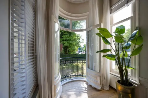 Frans balkon met open deuren aan de Weteringschans, met uitzicht op groen en een grote kamerplant bij het raam.