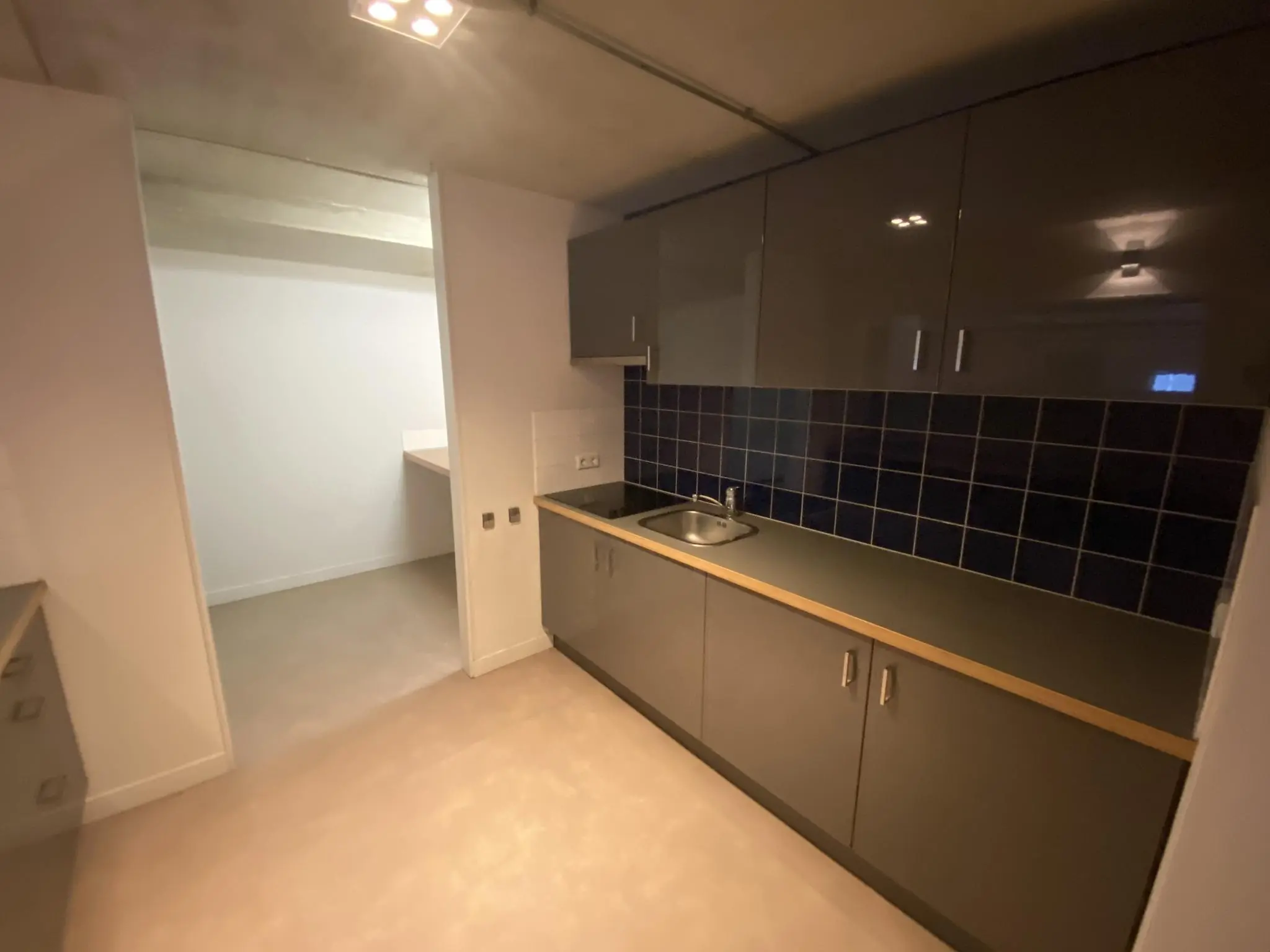 Moderne keuken in de Lulofsstraat met grijze keukenkasten, zwarte tegels en een doorgang naar een aangrenzende ruimte.