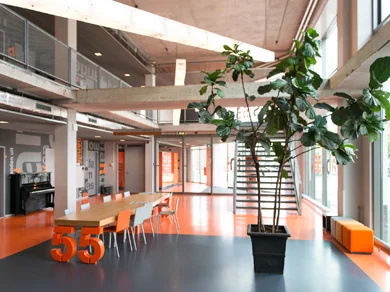 Moderne, open kantoorruimte aan de Lulofsstraat met feloranje accenten, een lange vergadertafel en een grote kamerplant.