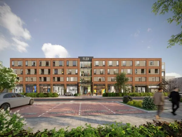 Moderne bakstenen bedrijfsverzamelgebouw aan de Treubstraat met meerdere flexunits en een centrale entree.