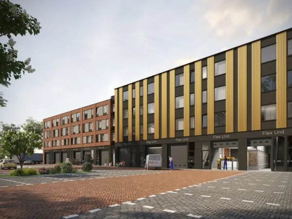 Een modern bedrijfsverzamelgebouw aan de Treubstraat met flex units en geparkeerde voertuigen op een ruim plein.