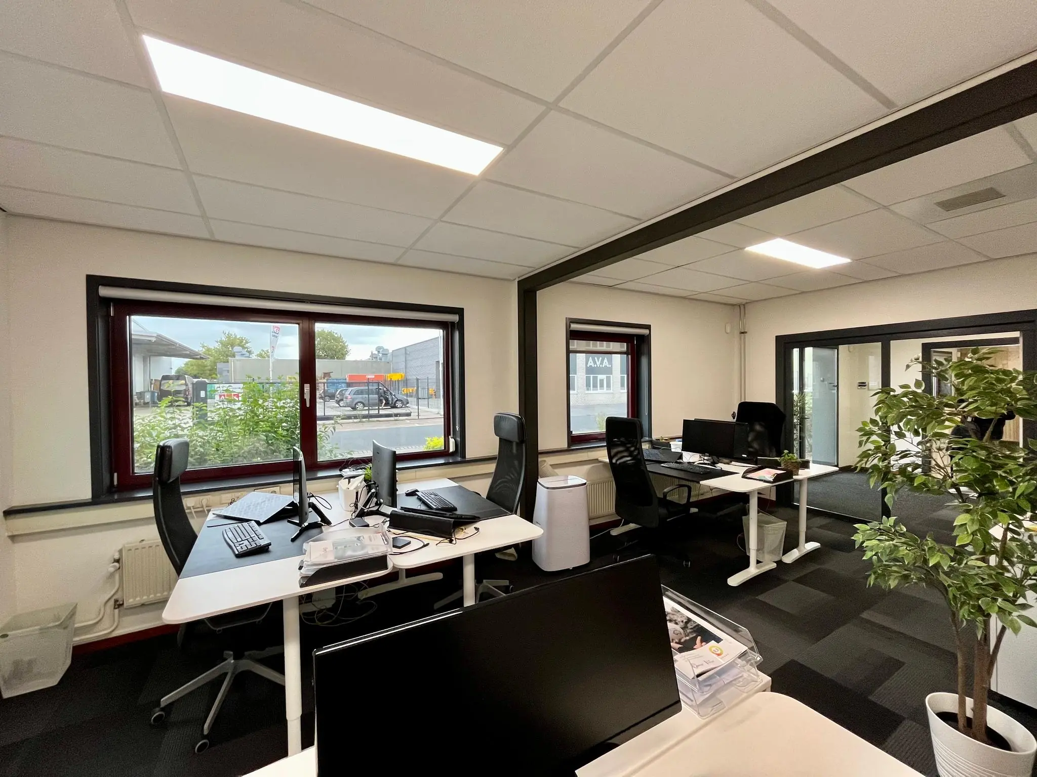 Modern kantoorinterieur aan de Daltonstraat met meerdere werkplekken, grote ramen en kunstplanten.