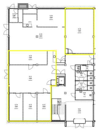 Plattegrond van een kantoorgebouw aan de Pilotenstraat met meerdere kantoren (VBR), sanitaire ruimtes en pantry, waarbij vijf kantoorruimtes geel zijn omlijnd.