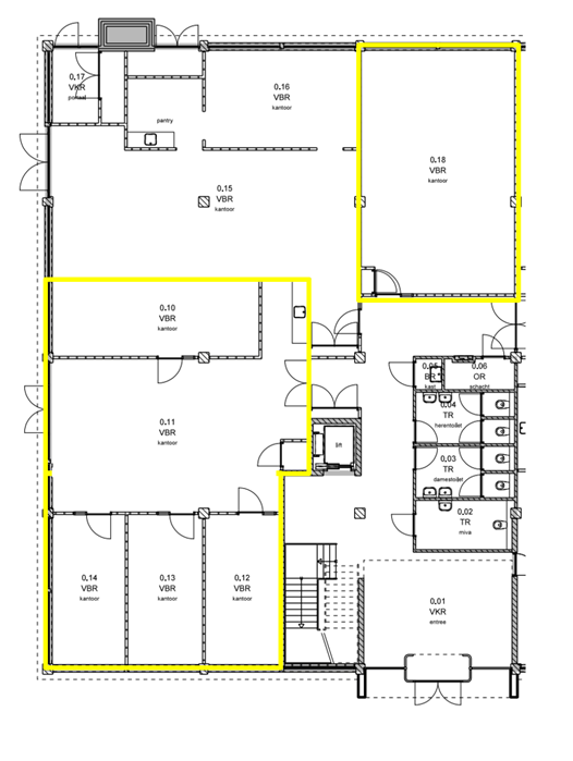 Plattegrond van een kantoorgebouw aan de Pilotenstraat met meerdere kantoren (VBR), sanitaire ruimtes en pantry, waarbij vijf kantoorruimtes geel zijn omlijnd.