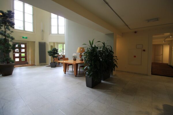 Ruime en lichte entreehal van een gebouw aan de Museumlaan met grote planten, een houten tafel en hoge ramen.