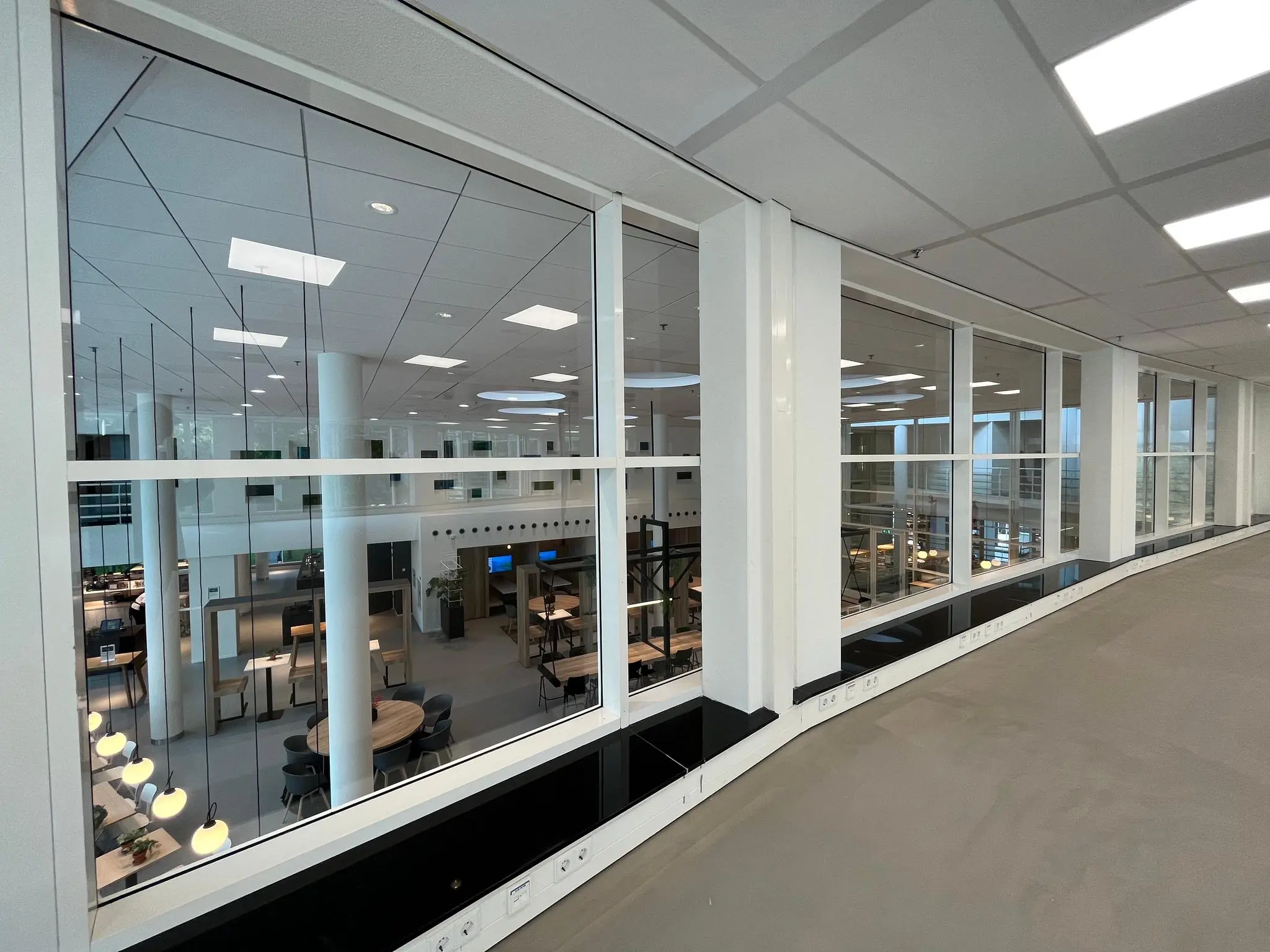 Uitzicht door glazen wand op modern ingericht kantoorpand aan de Newtonlaan met werkplekken en vergadertafels.