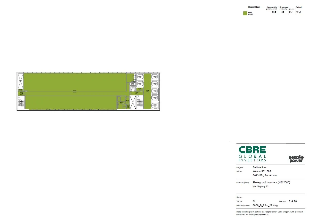 Plattegrond van de 22e verdieping van het kantoorgebouw aan Weena 501-505 in Rotterdam, met ingekleurde ruimtes voor huurder OGD.