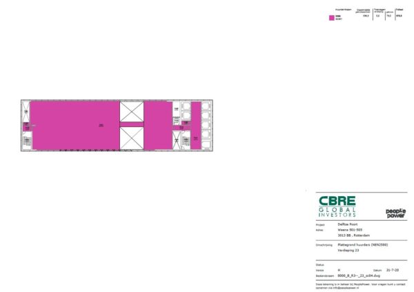 Plattegrond van de 23e verdieping van Delftse Poort in Rotterdam met in het paars aangeduide verhuurde ruimtes.