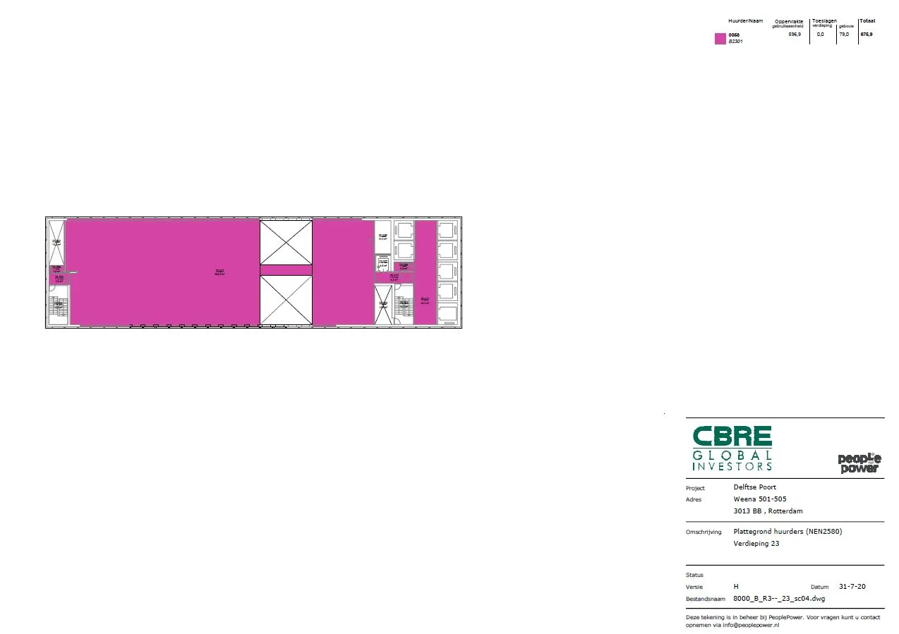 Plattegrond van de 23e verdieping van Delftse Poort in Rotterdam met in het paars aangeduide verhuurde ruimtes.