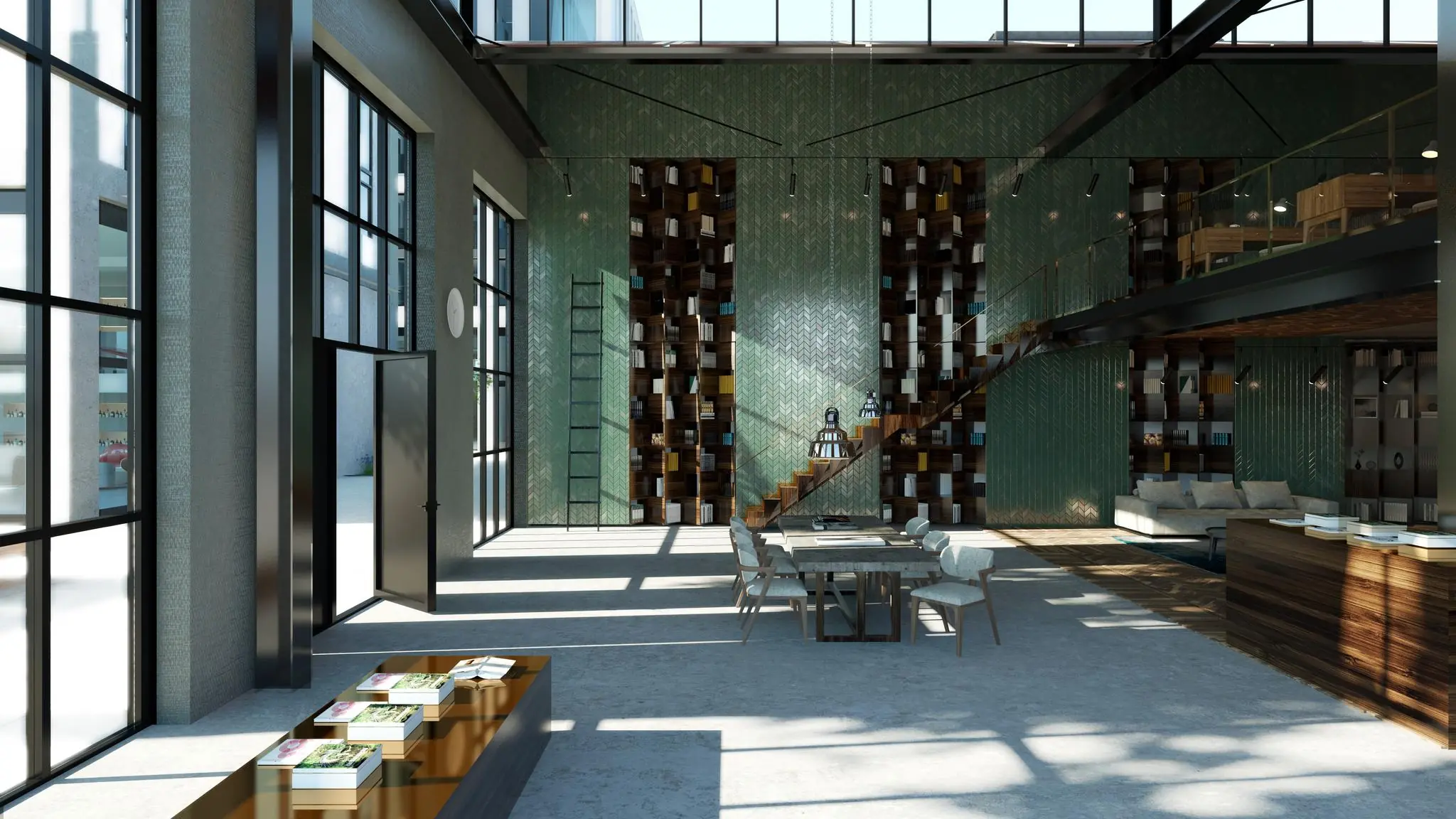 Moderne, lichte loft aan de Papaverweg met hoge plafonds, glazen gevels, een boekenkastwand en een open mezzanine.