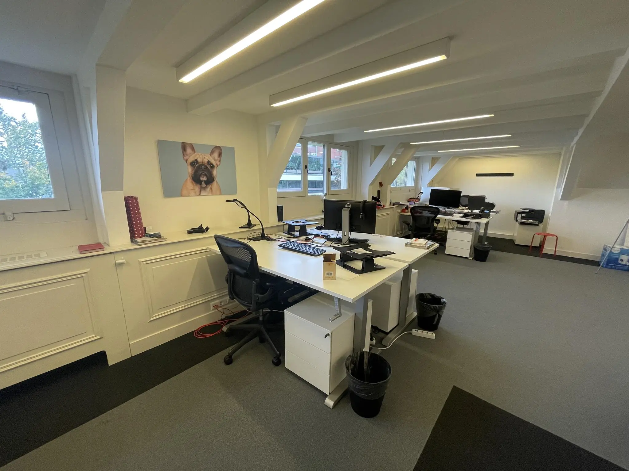 Modern kantoorinterieur aan de Herengracht met werkplekken, computers en een schilderij van een Franse buldog aan de muur.