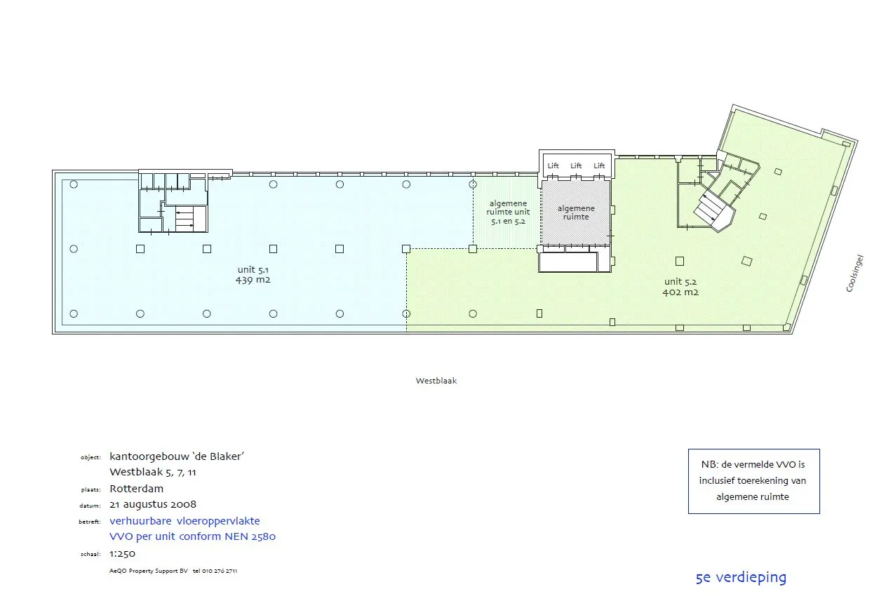 Plattegrond van de 5e verdieping van kantoorgebouw 'de Blaker' aan de Westblaak in Rotterdam, met units 5.1 en 5.2 en bijbehorende algemene ruimten.