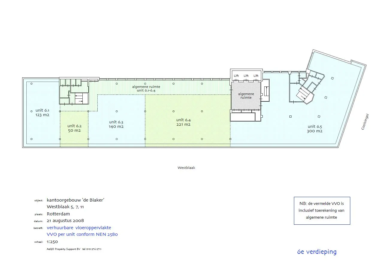 Plattegrond van de 6e verdieping van kantoorgebouw ‘de Blaker’ aan de Westblaak in Rotterdam met vijf units en algemene ruimtes.