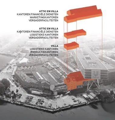 Schematische weergave van de verdeling van kantoorfuncties in het gebouw aan de Nassaukade, met rood gemarkeerde zones voor verschillende typen kantoren en vergaderfaciliteiten.