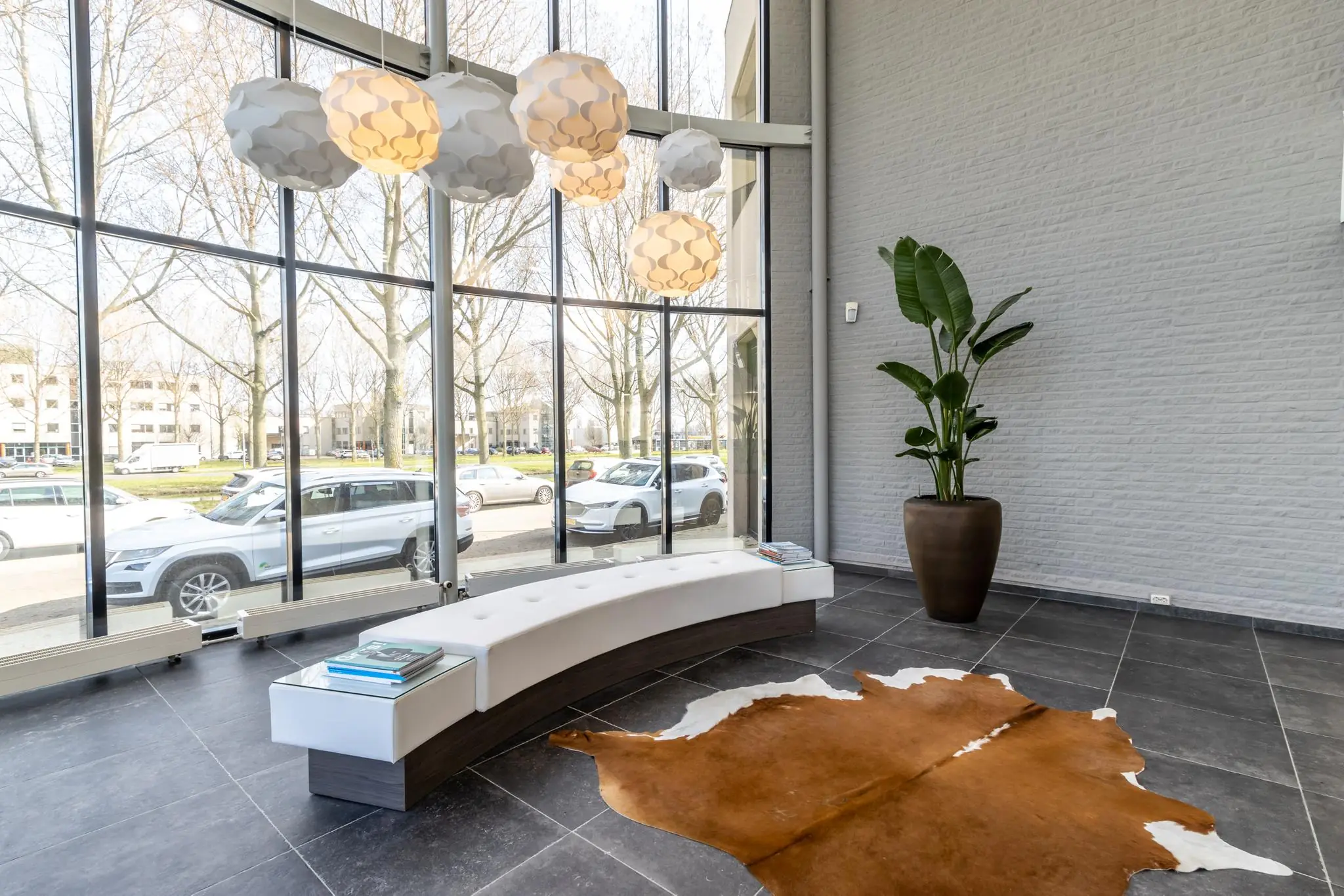 Moderne wachtruimte aan de Pittsburghstraat met grote raampartijen, designverlichting, een plantenbak en een koeienhuidkleed.