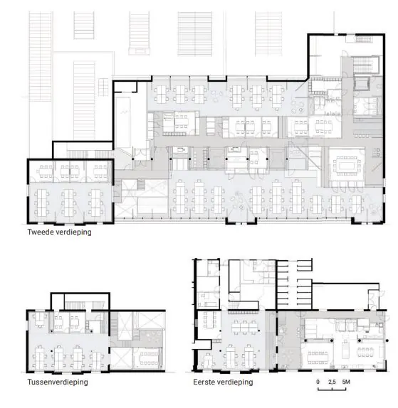 Plattegronden van de eerste, tussen- en tweede verdieping van een kantoorgebouw aan de Nassaukade.