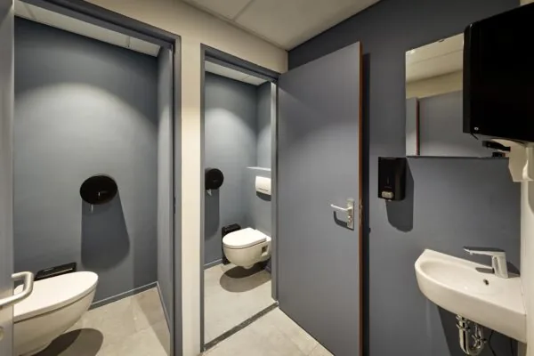 Moderne toiletruimte aan de Joop Geesinkweg met twee afgesloten wc-hokjes en een wasbak met spiegel.