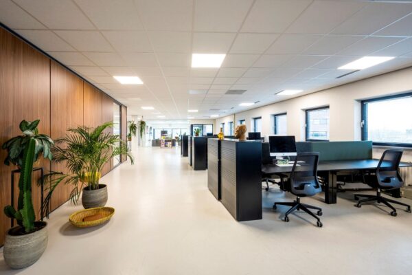 Modern ingericht kantoor aan de Joop Geesinkweg met open werkplekken, zwarte bureaus, en veel groene kamerplanten.