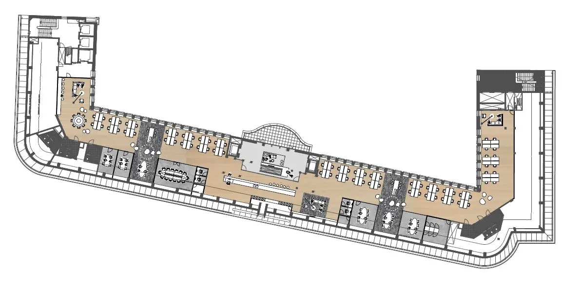Plattegrond van een kantoorruimte aan de Coolsingel met werkplekken, vergaderruimtes en gemeenschappelijke zones.