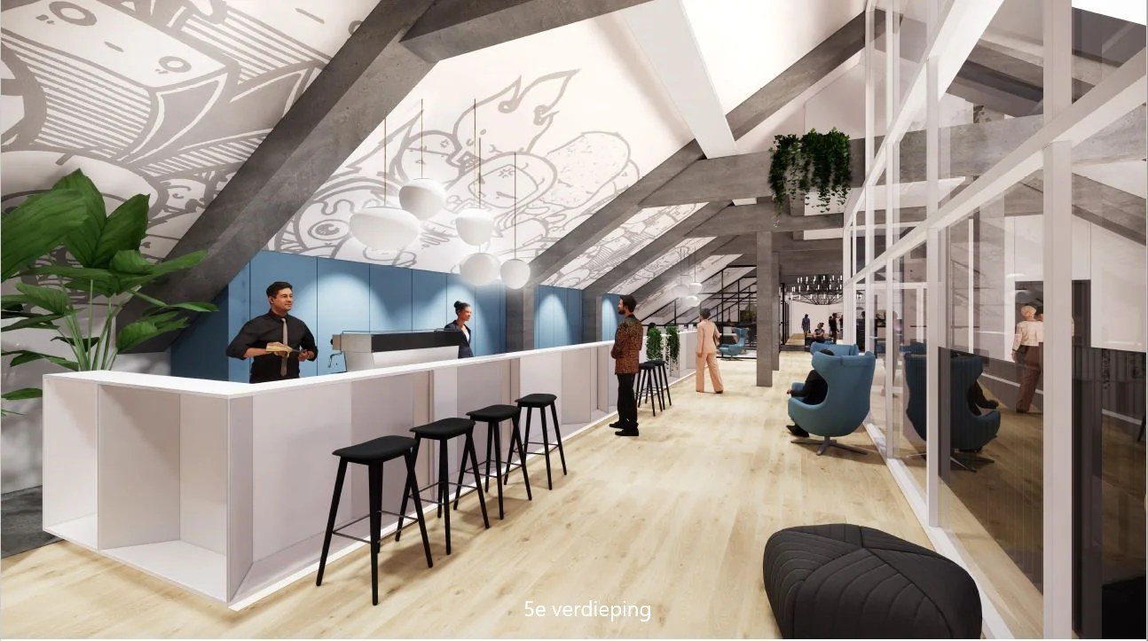 Moderne kantoorruimte op de vijfde verdieping aan de Coolsingel met een koffiebar, zitgedeelte en opvallende muurtekeningen op het plafond.
