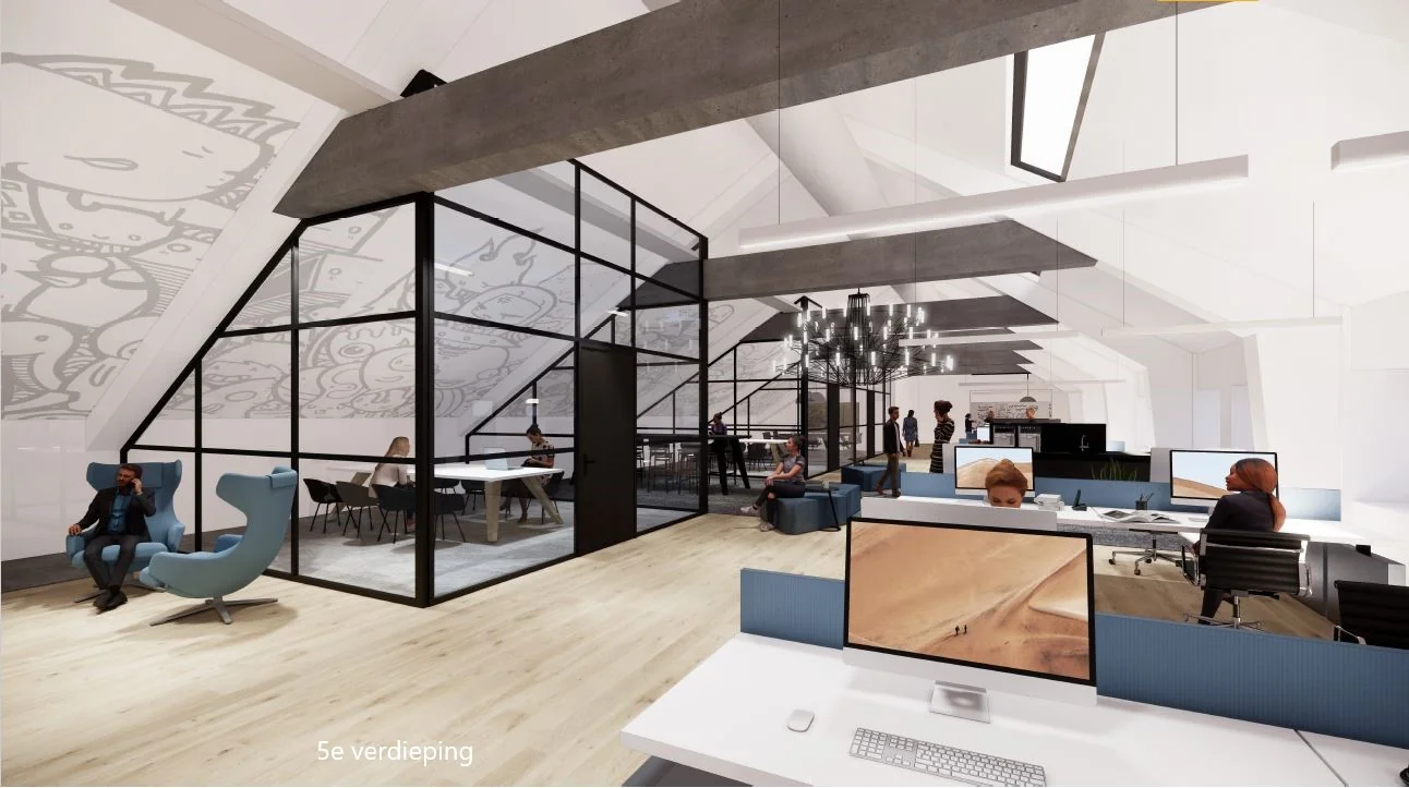 Modern kantoorinterieur op de 5e verdieping van een gebouw aan de Coolsingel, met open werkplekken, vergaderruimtes en opvallende muurtekeningen.