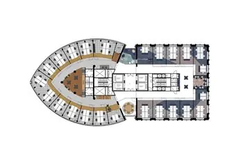 Plattegrond van een kantoorverdieping in het gebouw aan het Wilhelminaplein met werkplekken, vergaderruimtes en facilitaire ruimtes.