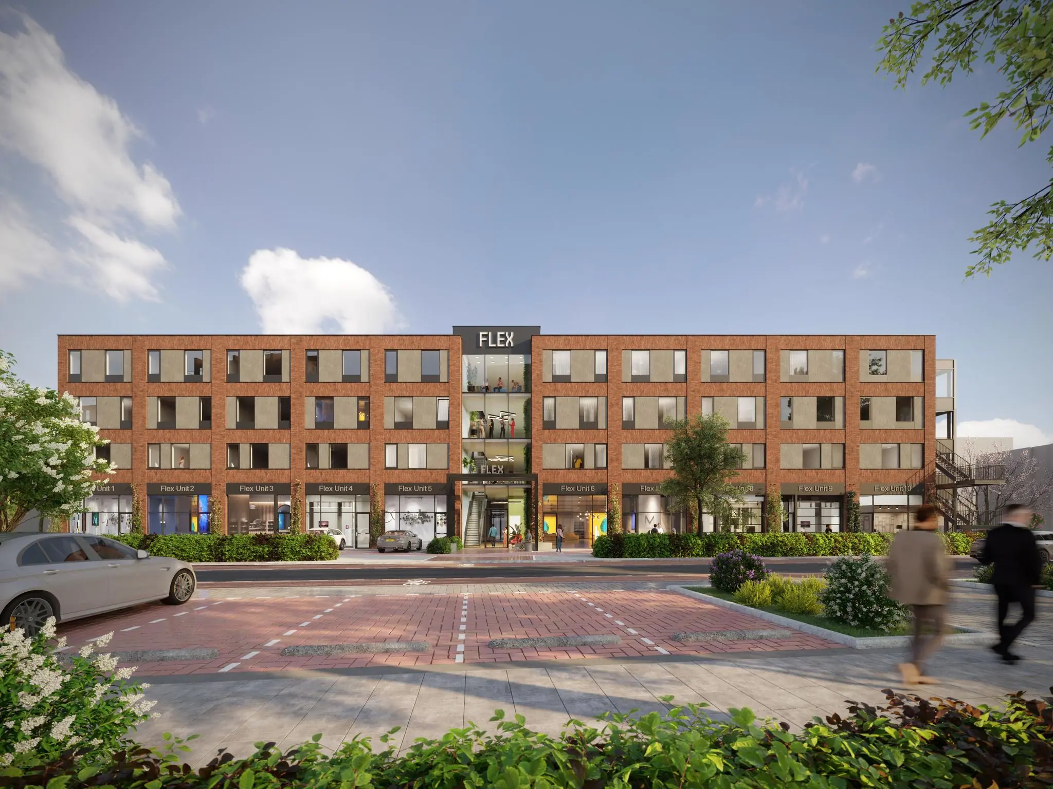 Straatbeeld van een modern gebouw aan de Treubstraat met meerdere Flex Units en een centrale ingang.