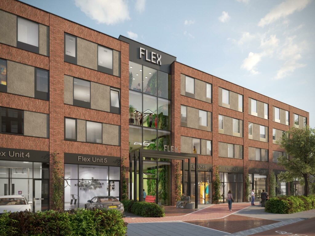 Moderne bedrijfsverzamelgebouw aan de Treubstraat met meerdere Flex Units en een glazen entree.