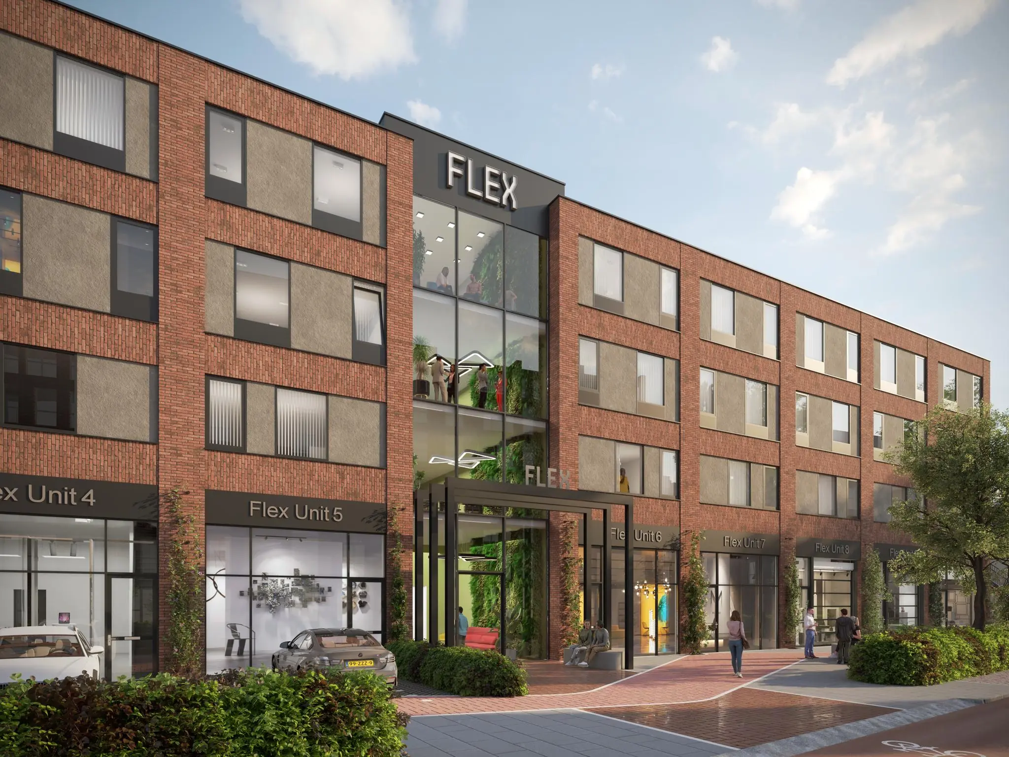 Moderne bedrijfsverzamelgebouw aan de Treubstraat met meerdere Flex Units en een glazen entree.