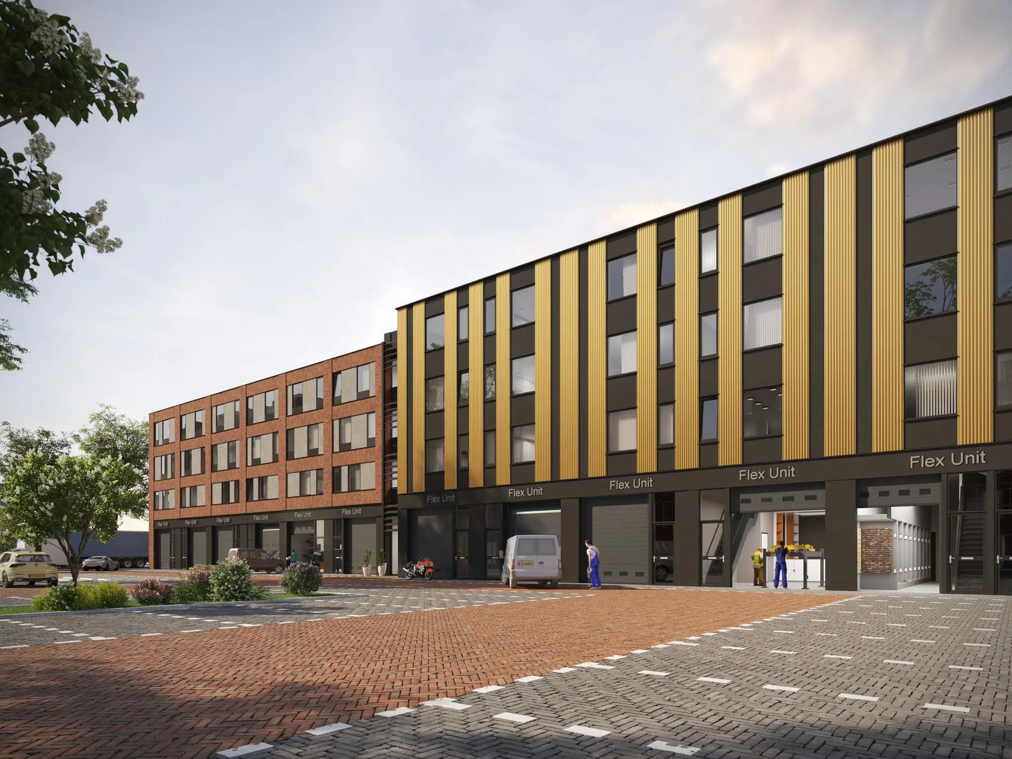 Modern bedrijfsverzamelgebouw aan de Treubstraat met flex units en parkeerplaatsen op de voorgrond.