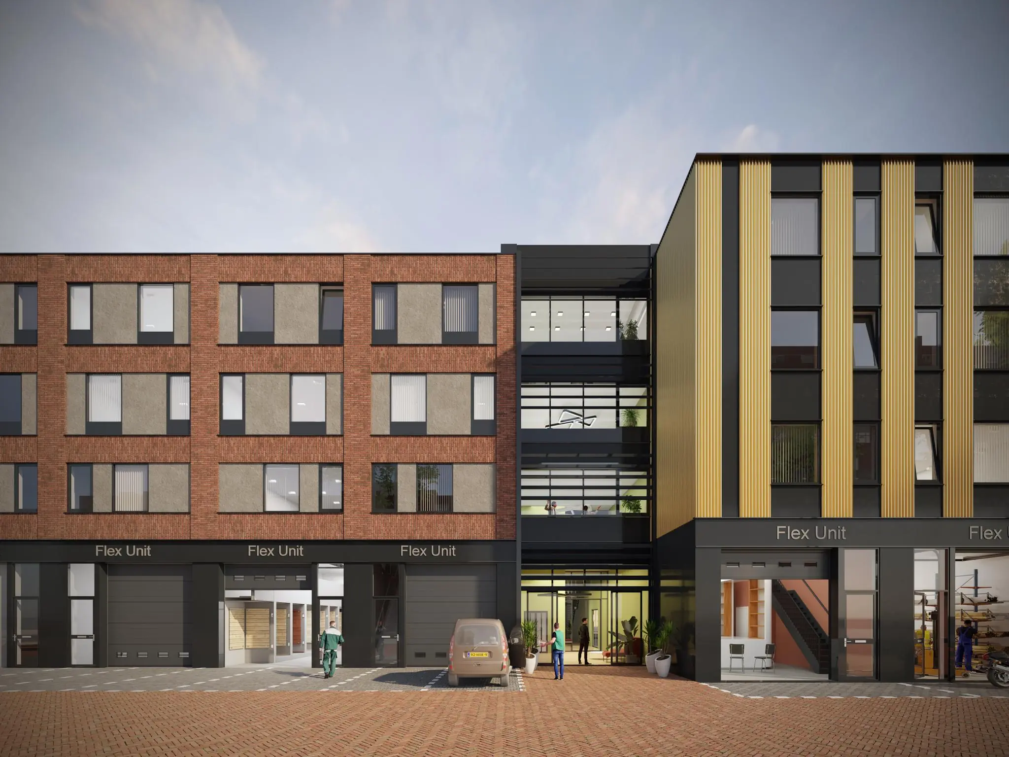 Moderne bedrijfsgebouwen met flexibele werkunits aan de Treubstraat, met een mix van bakstenen en goudkleurige gevels.