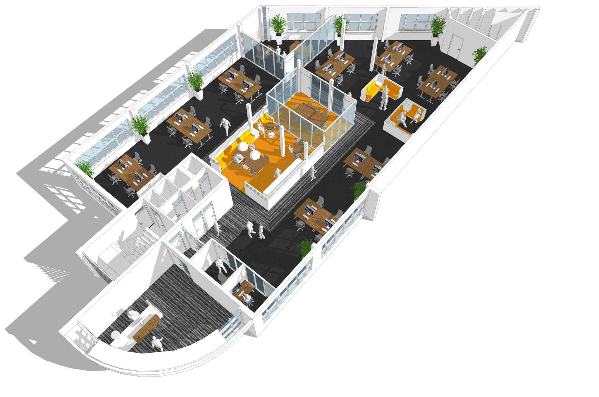3D-plattegrond van een modern kantoorinterieur in het Rhijnspoor-gebouw met open werkplekken, vergaderruimtes en loungegedeeltes.