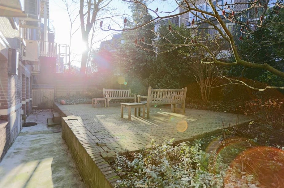 Zonnige binnentuin aan de Ramstraat met houten bankjes op een verhoogd terras.