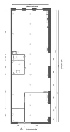 Plattegrond van een rechthoekige ruimte aan het Entrepotdok met aanduiding van muren, deuren, ramen en sanitaire voorzieningen.