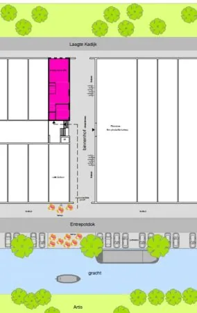 Plattegrond van het Entrepotdok in Amsterdam met aanduiding van Entrepotdok 26 in het roze gemarkeerd.