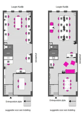 Twee plattegronden met verschillende indelingssuggesties voor een ruimte aan het Entrepotdok in Amsterdam.