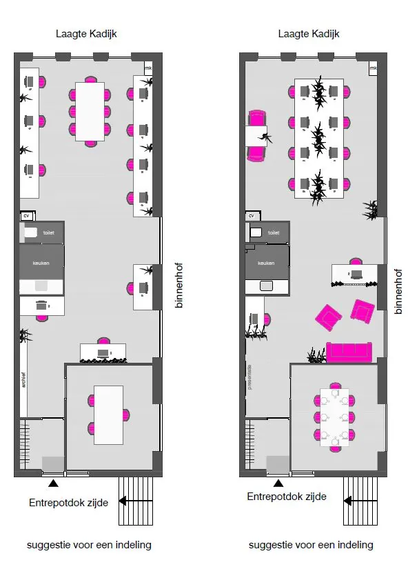 Twee plattegronden met verschillende indelingssuggesties voor een ruimte aan het Entrepotdok in Amsterdam.