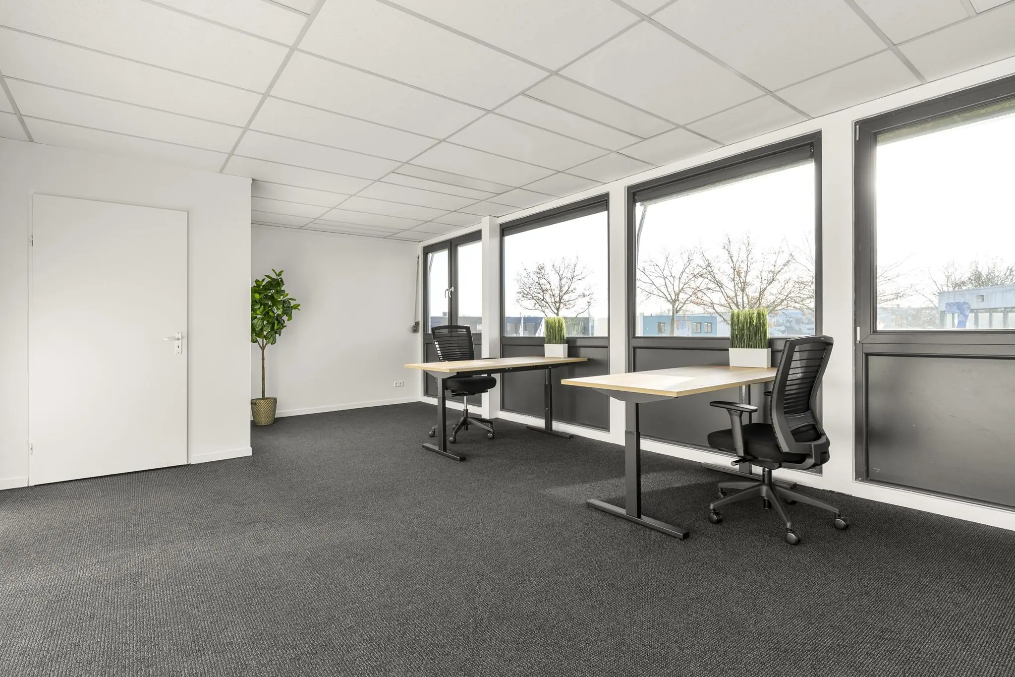 Licht en modern kantoor met twee bureaus, bureaustoelen, grote ramen en een kunstplant aan de Nijverheidsweg.