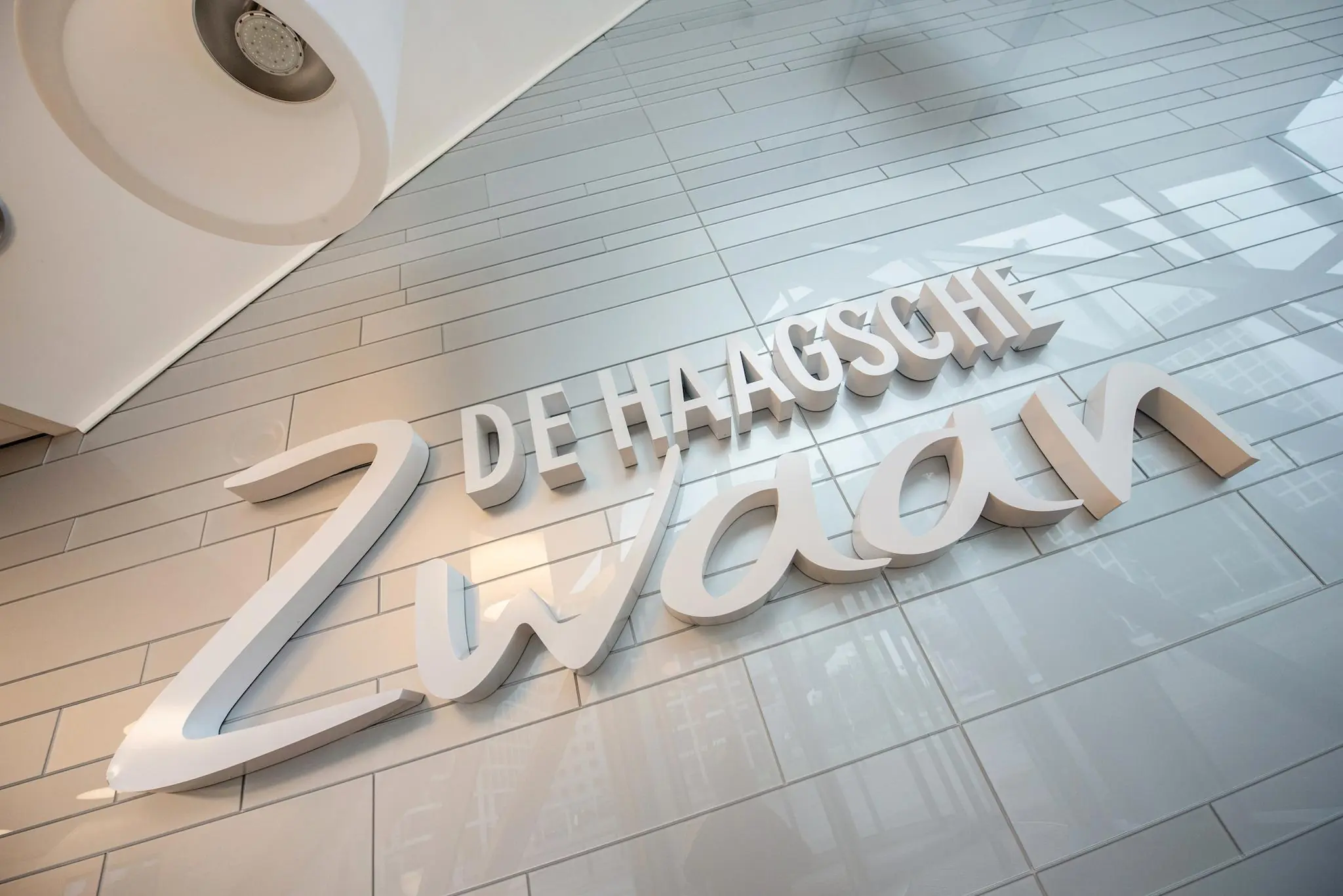 Wanddecoratie met de tekst "De Haagsche Zwaan" op een glanzende tegelmuur in een modern gebouw.