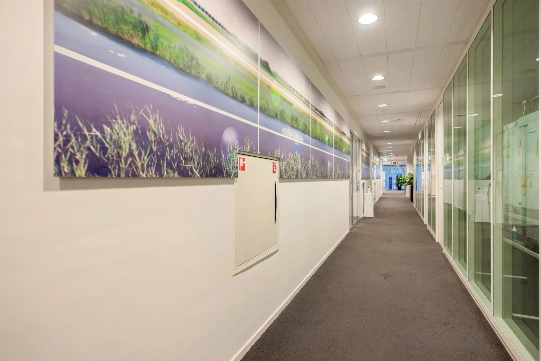 Lange kantoorhal aan de Schenkkade met glazen wanden en een grote muurfoto van een Nederlands landschap.